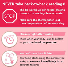 Basal body thermometer instruction graphic with STOP icon and measuring tips