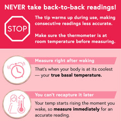Infographic advising to measure immediately after waking with tips for a digital basal body thermometer UAE