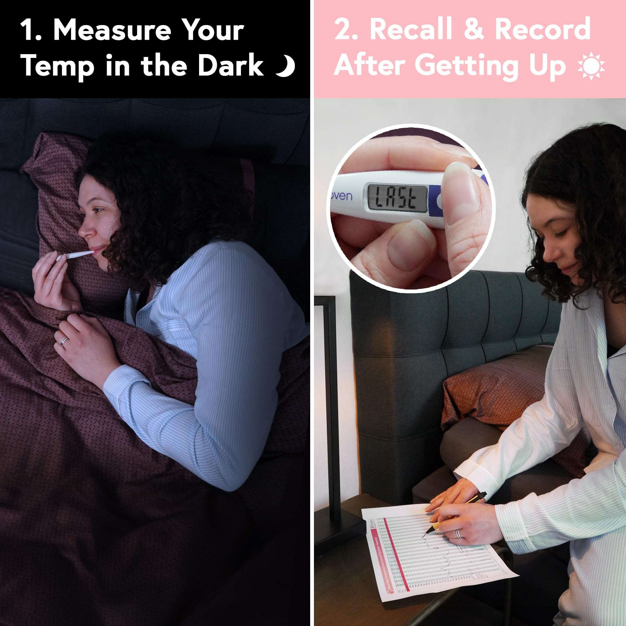 digital basal body thermometer UAE showing woman measuring temperature in bed and recording morning reading