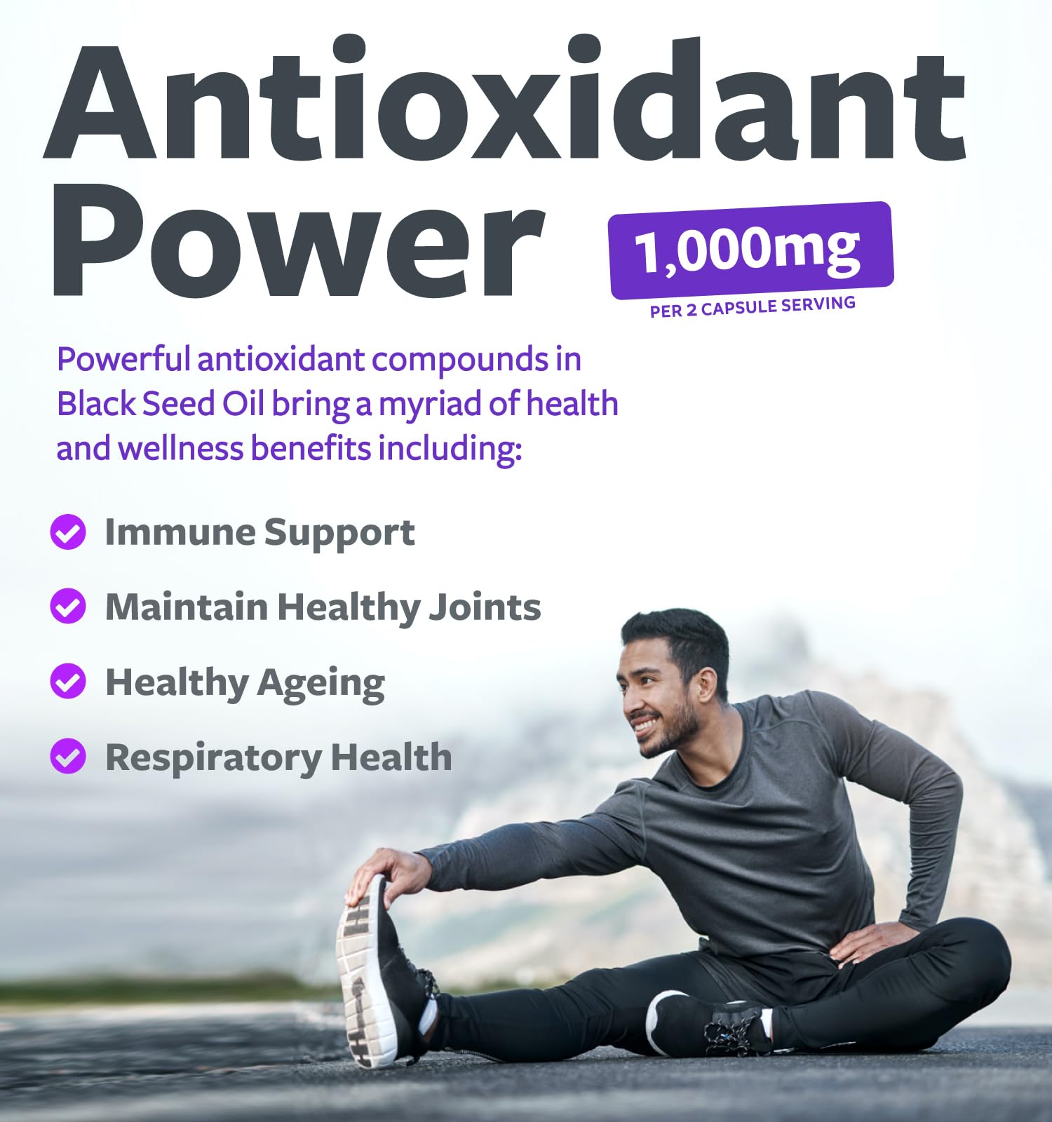 Healths Harmony black seed oil capsules label showing Antioxidant Power 1000mg with man stretching outdoors and benefits list