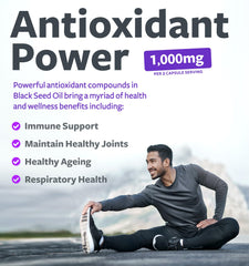 Healths Harmony black seed oil capsules label showing Antioxidant Power 1000mg with man stretching outdoors and benefits list