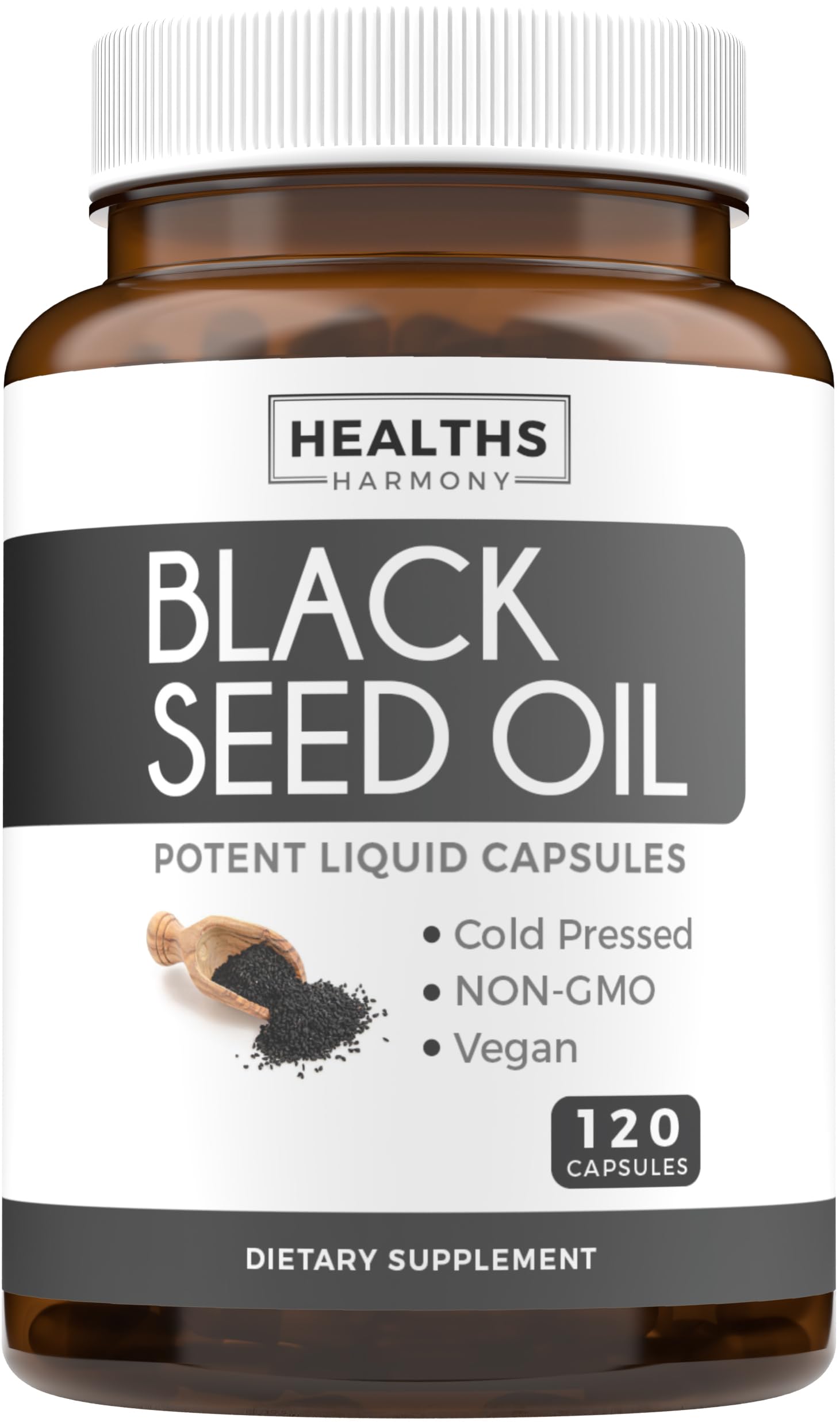 Healths Harmony bottle of black seed oil capsules 120 count brown glass jar cold pressed vegan supplement