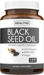 Healths Harmony bottle of black seed oil capsules 120 count brown glass jar cold pressed vegan supplement