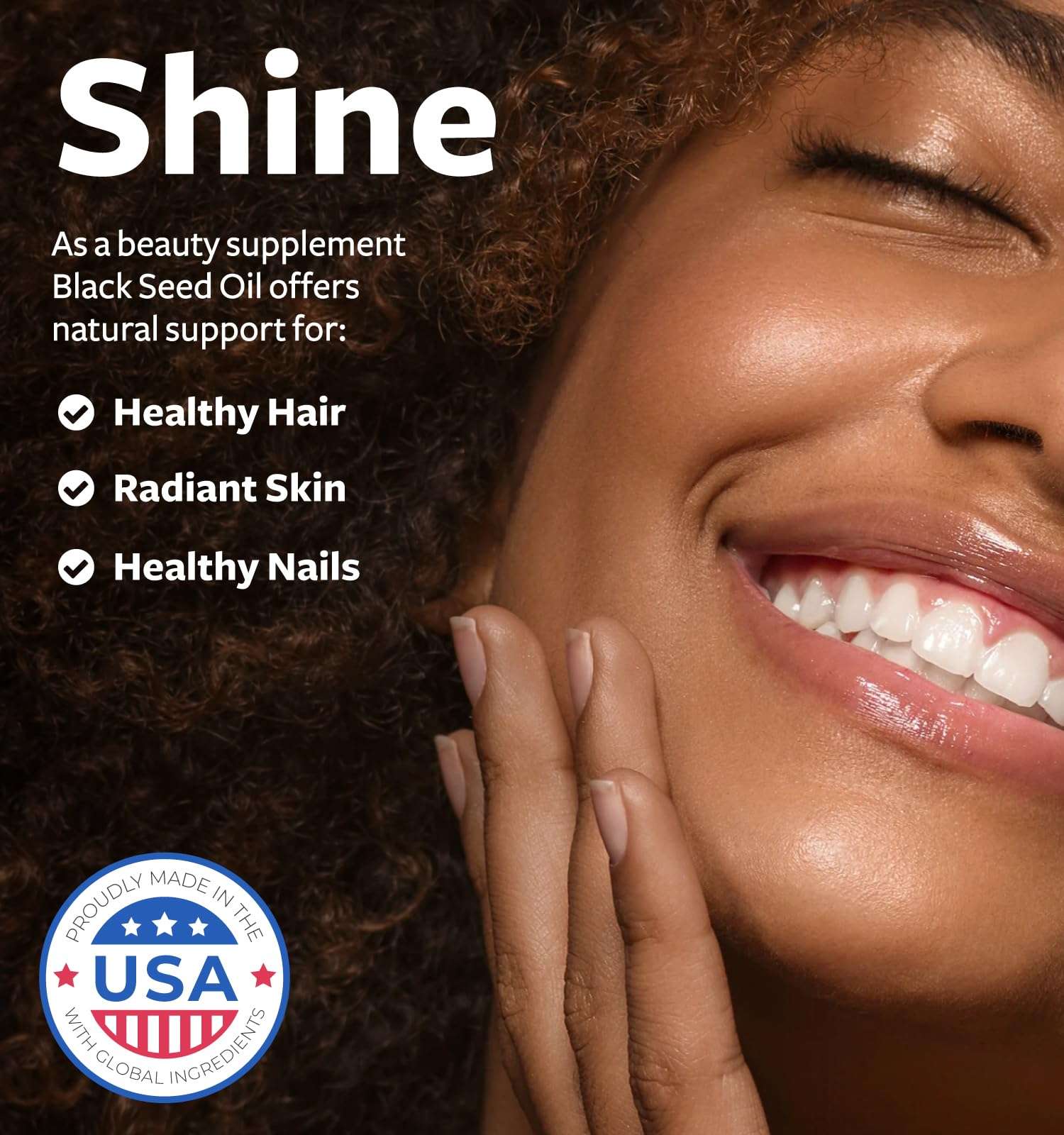 Healths Harmony black seed oil capsules beauty supplement ad with smiling woman radiant skin and USA badge