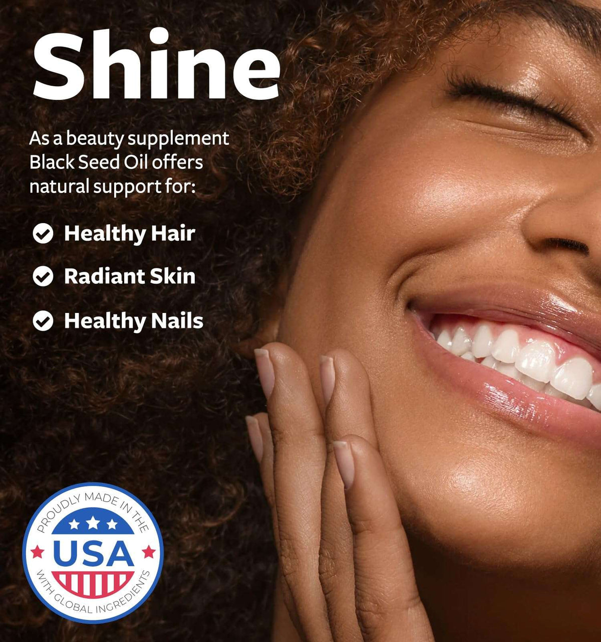 Healths Harmony black seed oil capsules beauty supplement ad with smiling woman radiant skin and USA badge