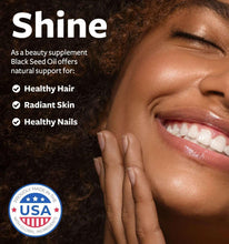 Woman smiling with radiant skin, hand near face, beauty supplement benefit text
