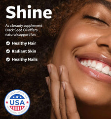 Healths Harmony black seed oil capsules beauty supplement ad with smiling woman radiant skin and USA badge