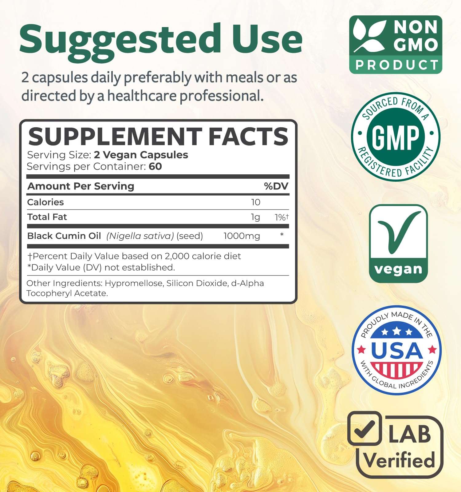 Healths Harmony supplement label showing supplement facts and badges for black seed oil capsules vegan GMP made in USA