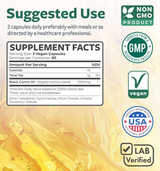 Healths Harmony supplement label showing supplement facts and badges for black seed oil capsules vegan GMP made in USA