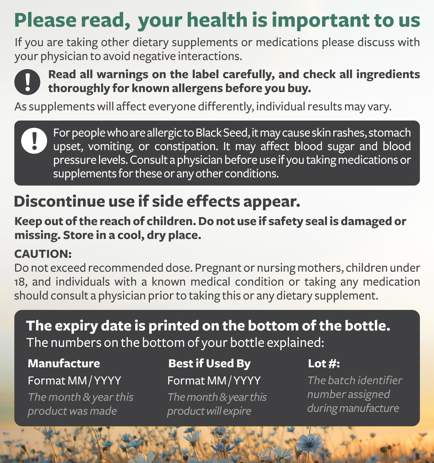 Supplement warning label for black seed oil capsules with allergy cautions dosing and storage instructions