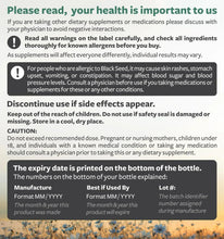 Dietary supplement label with warnings, caution, expiry date and manufacturing info
