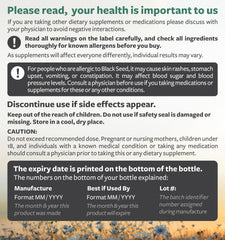 Supplement warning label for black seed oil capsules with allergy cautions dosing and storage instructions