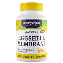 Healthy Origins Natural Eggshell Membrane supplement bottle, NEM 500 mg and 30 veggie caps