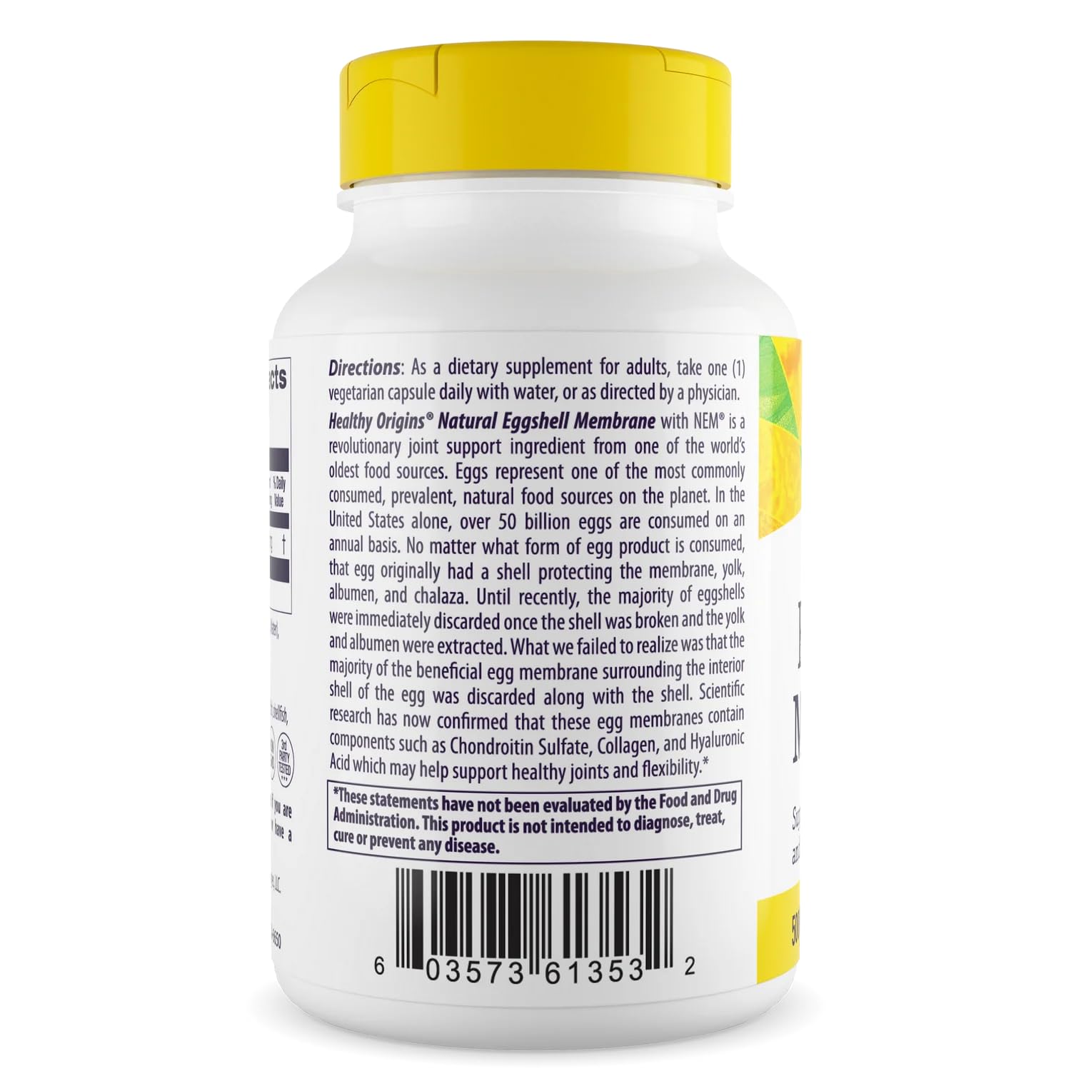Healthy Origins white bottle with yellow cap showing label and barcode eggshell membrane supplement for joint health
