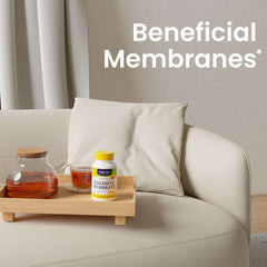 Healthy Origins eggshell membrane supplement for joint health bottle on wooden tray beside tea on beige sofa