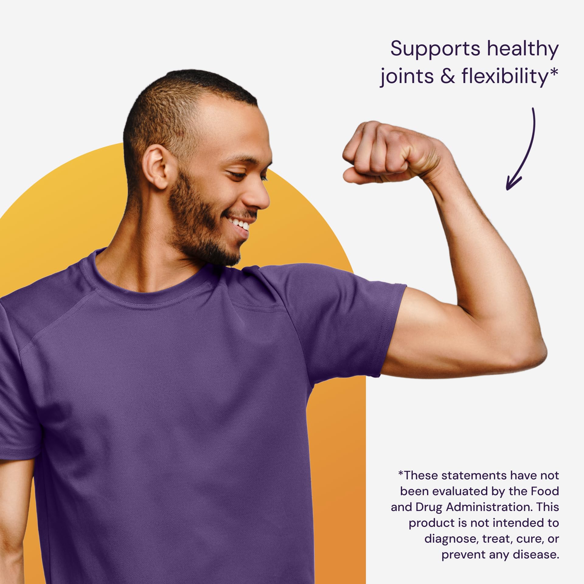 Healthy Origins man flexing bicep in purple shirt on orange background eggshell membrane supplement for joint health