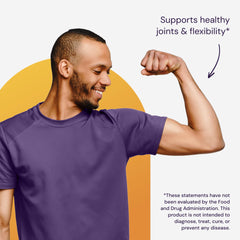 Healthy Origins man flexing bicep in purple shirt on orange background eggshell membrane supplement for joint health