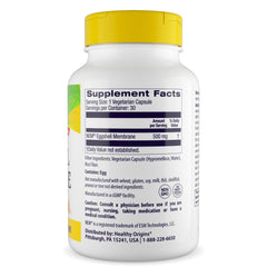 Healthy Origins white bottle with yellow cap showing Supplement Facts and eggshell membrane supplement for joint health capsules