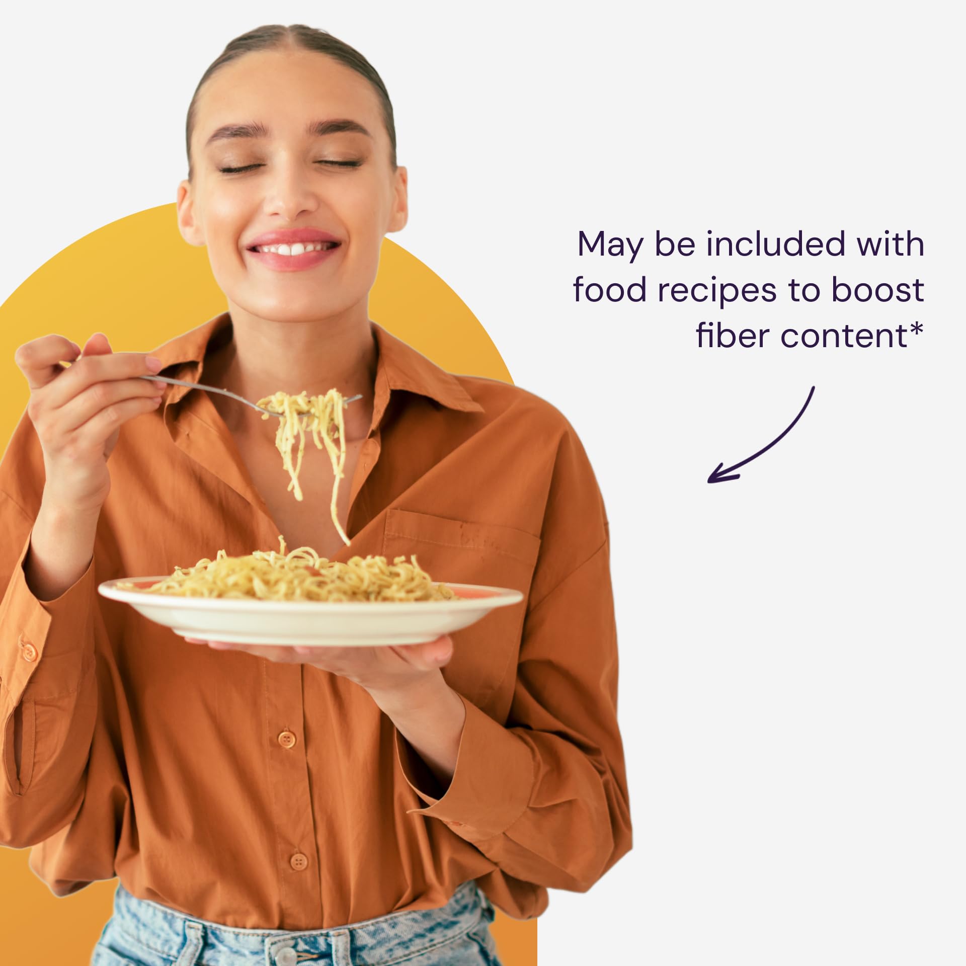Healthy Origins woman eating noodles smiling holding fork and plate with copy about recipes fiber supplement for gut health
