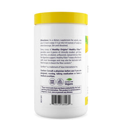 Healthy Origins white bottle with yellow lid showing supplement label directions and barcode fiber supplement for gut health