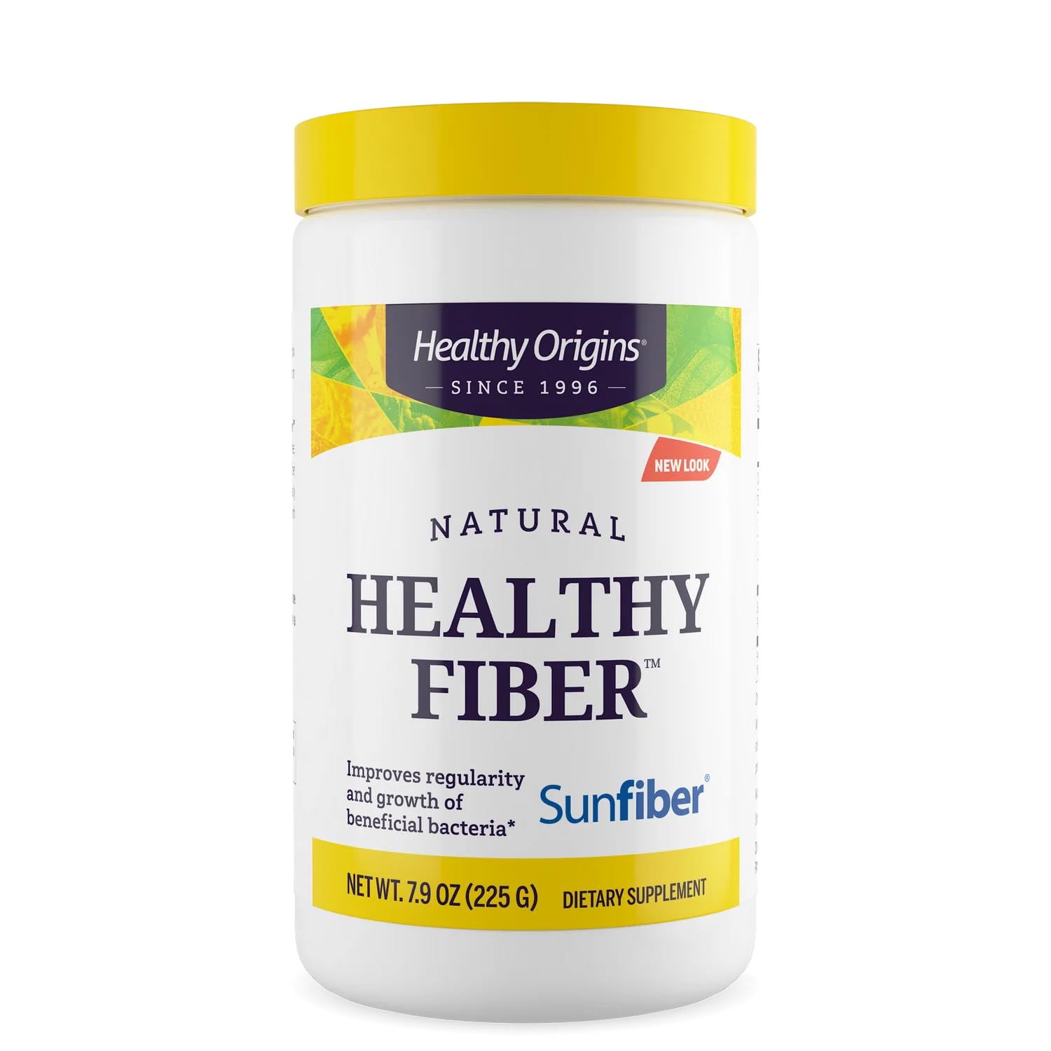 Healthy Origins Natural Healthy Fiber Sunfiber powder in white jar with yellow lid fiber supplement for gut health