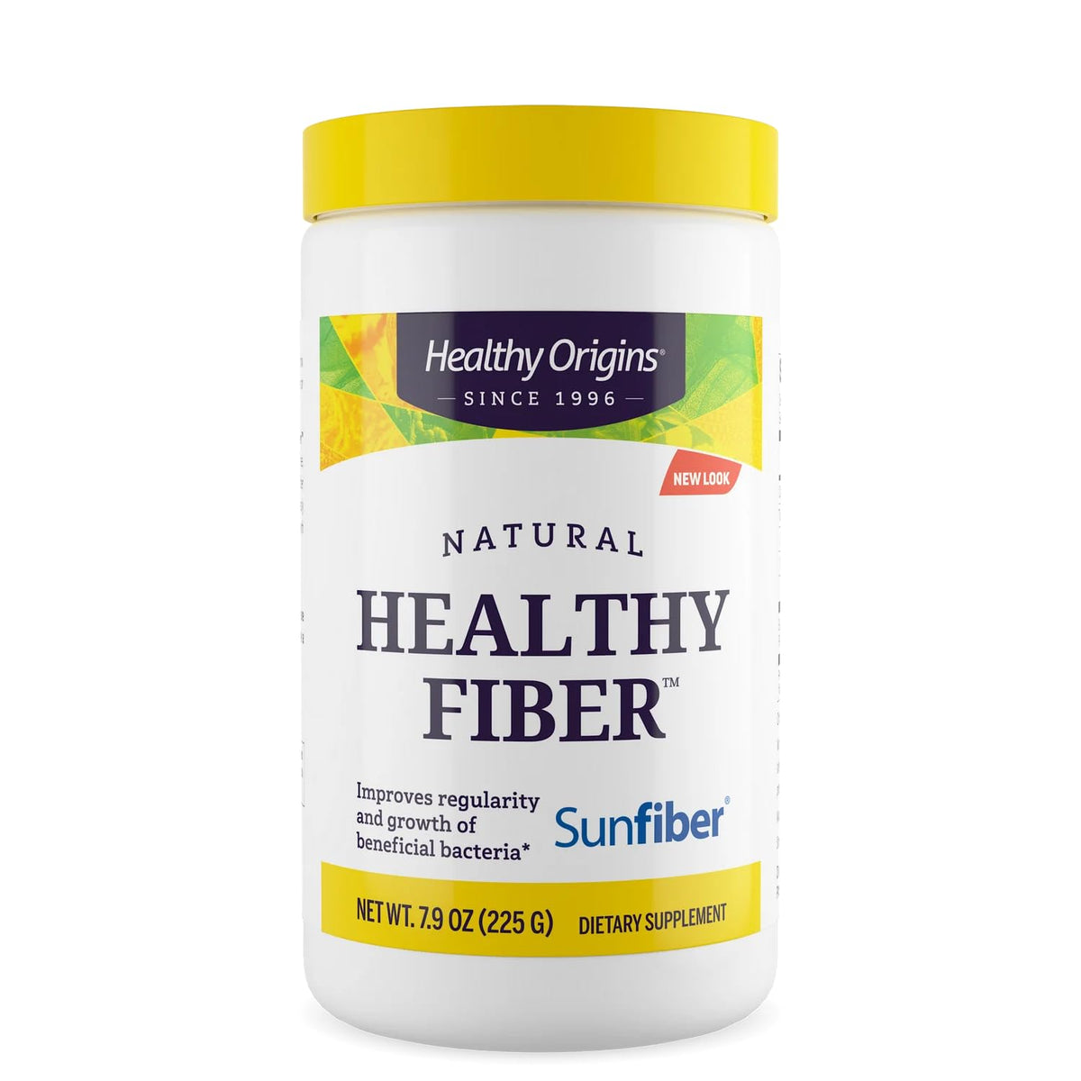 Healthy Origins Natural Healthy Fiber Sunfiber powder in white jar with yellow lid fiber supplement for gut health