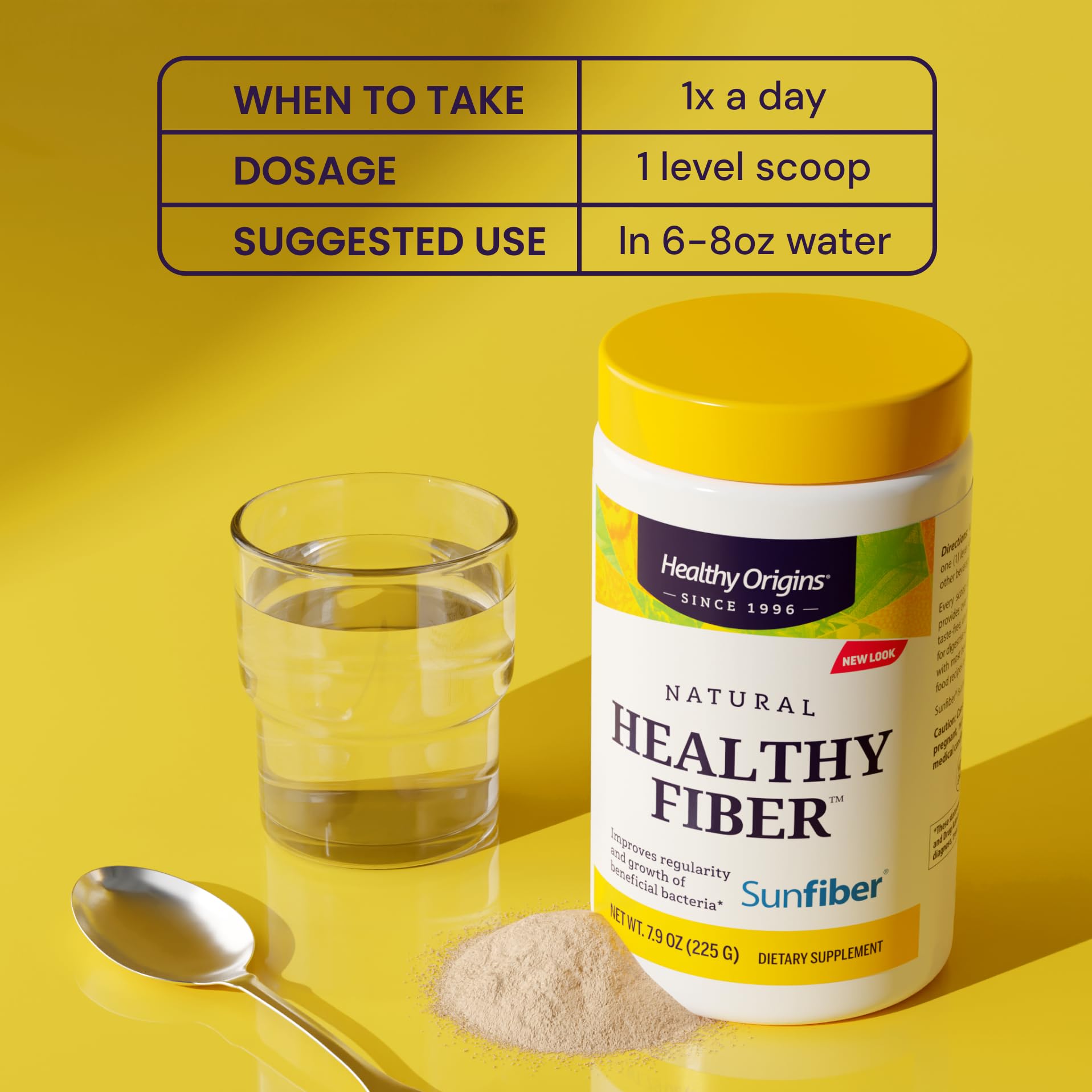 Healthy Origins Natural Healthy Fiber Sunfiber jar with scoop, glass of water and powder, fiber supplement for gut health