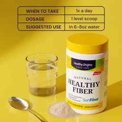 Healthy Origins Natural Healthy Fiber Sunfiber jar with scoop, glass of water and powder, fiber supplement for gut health