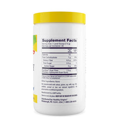 Healthy Origins white jar with yellow lid showing Supplement Facts label and fiber supplement for gut health