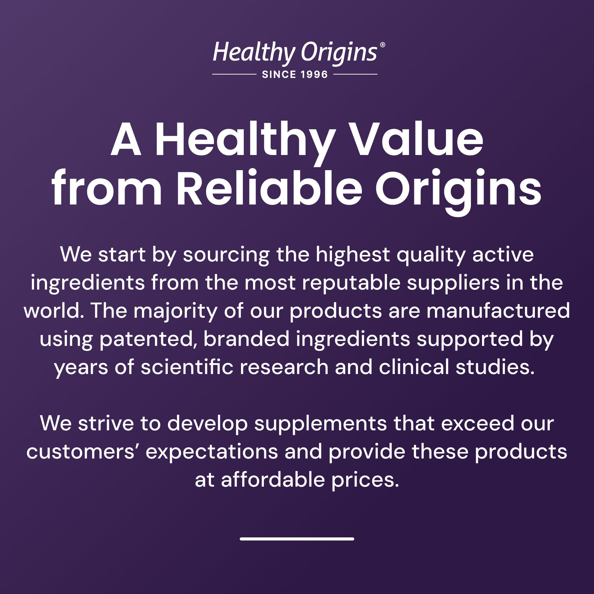 Healthy Origins brand graphic stating reliable sourcing and affordable fiber supplement for gut health with quality ingredients