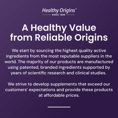 Healthy Origins brand graphic stating reliable sourcing and affordable fiber supplement for gut health with quality ingredients