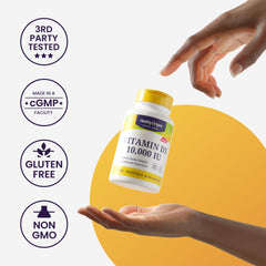 Healthy Origins Vitamin D3 10000 IU bottle held between hands with third party tested badges fiber supplement for gut health