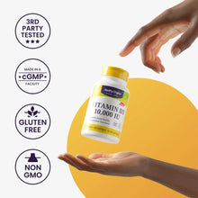Vitamin D3 10,000 IU softgel bottle held in hands with certification icons