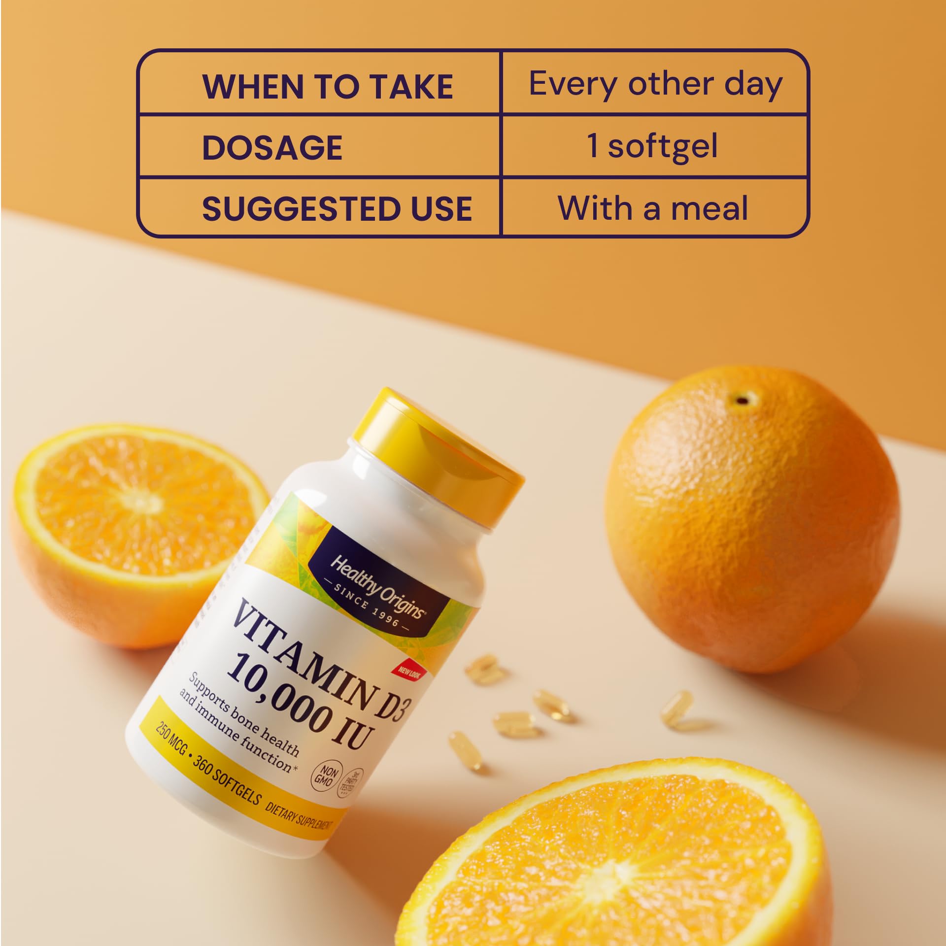 Healthy Origins Vitamin D3 10000 IU softgel bottle with oranges and dosage chart and Vitamin D3 10000 IU supplement UAE