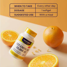 Vitamin D3 10,000 IU softgel bottle on tabletop with citrus fruit