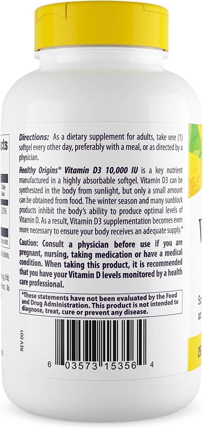 Healthy Origins white supplement bottle with yellow cap Vitamin D3 10000 IU supplement UAE label and directions text