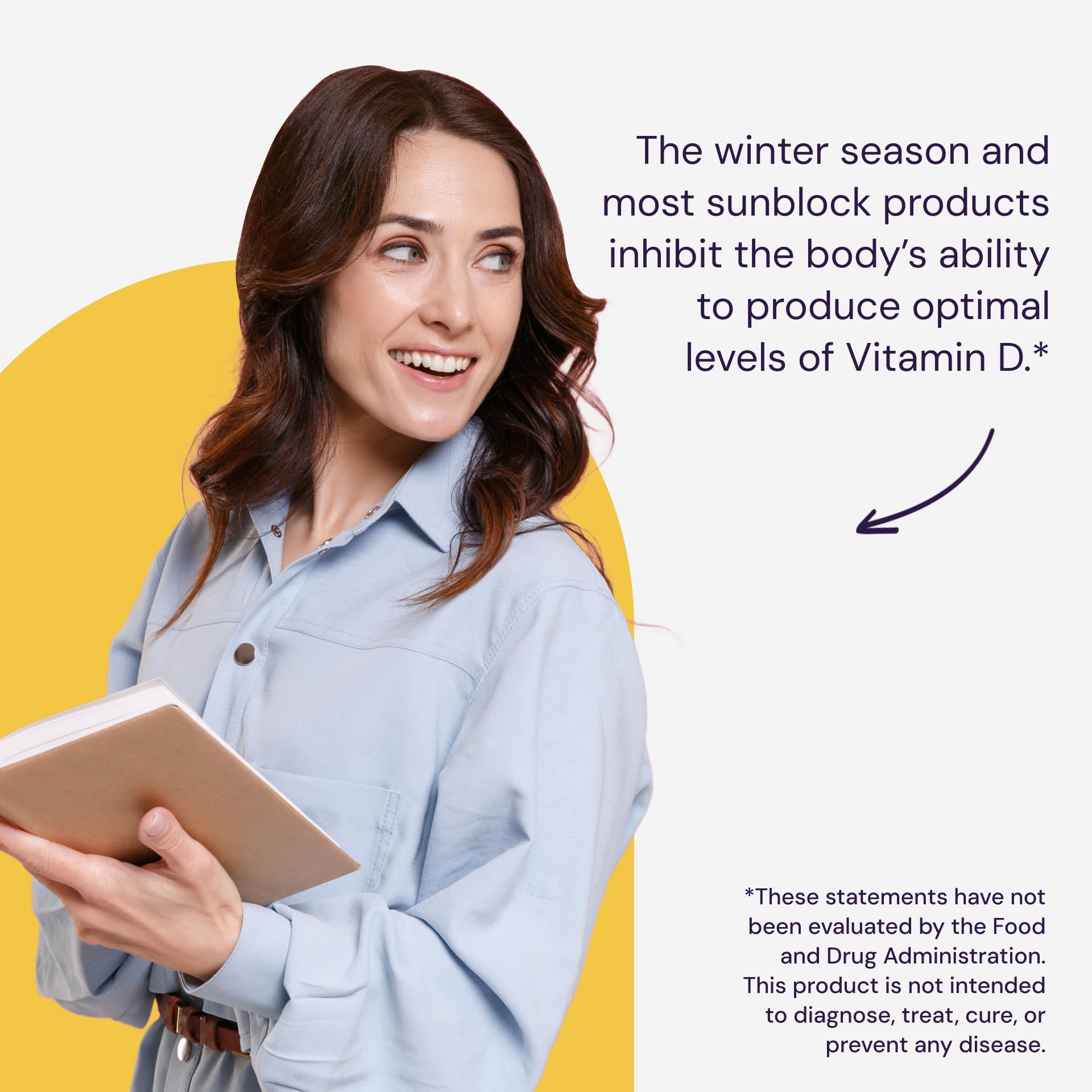 Healthy Origins smiling woman holding notebook with Vitamin D winter message and Vitamin D3 10000 IU supplement UAE