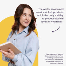 Vitamin D3 10,000 IU softgel bottle held in hand beside smiling woman