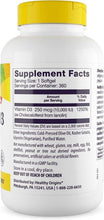 Vitamin D3 softgel supplement bottle back label with Supplement Facts panel
