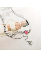 Pearl and crystal heart pendant necklace with pink heart cabochon and drop sphere
