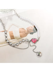 Huitich heart pendant pearl necklace with pink heart charm and silver chain detailing