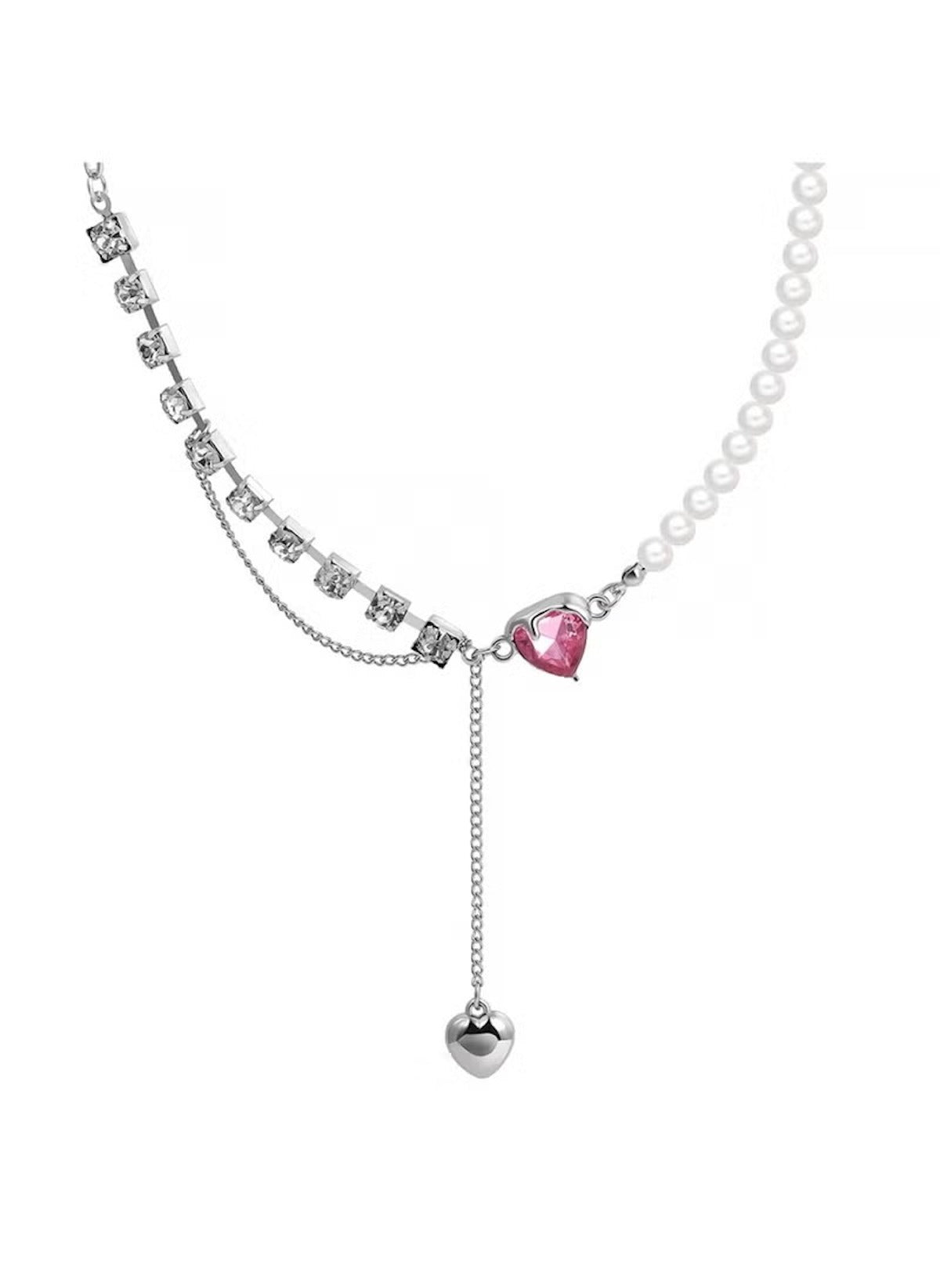 Huitich heart pendant pearl necklace with pink heart charm and silver chain details