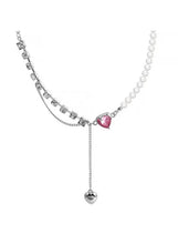 Heart pendant pearl necklace with pink crystal heart and dangling sphere charm