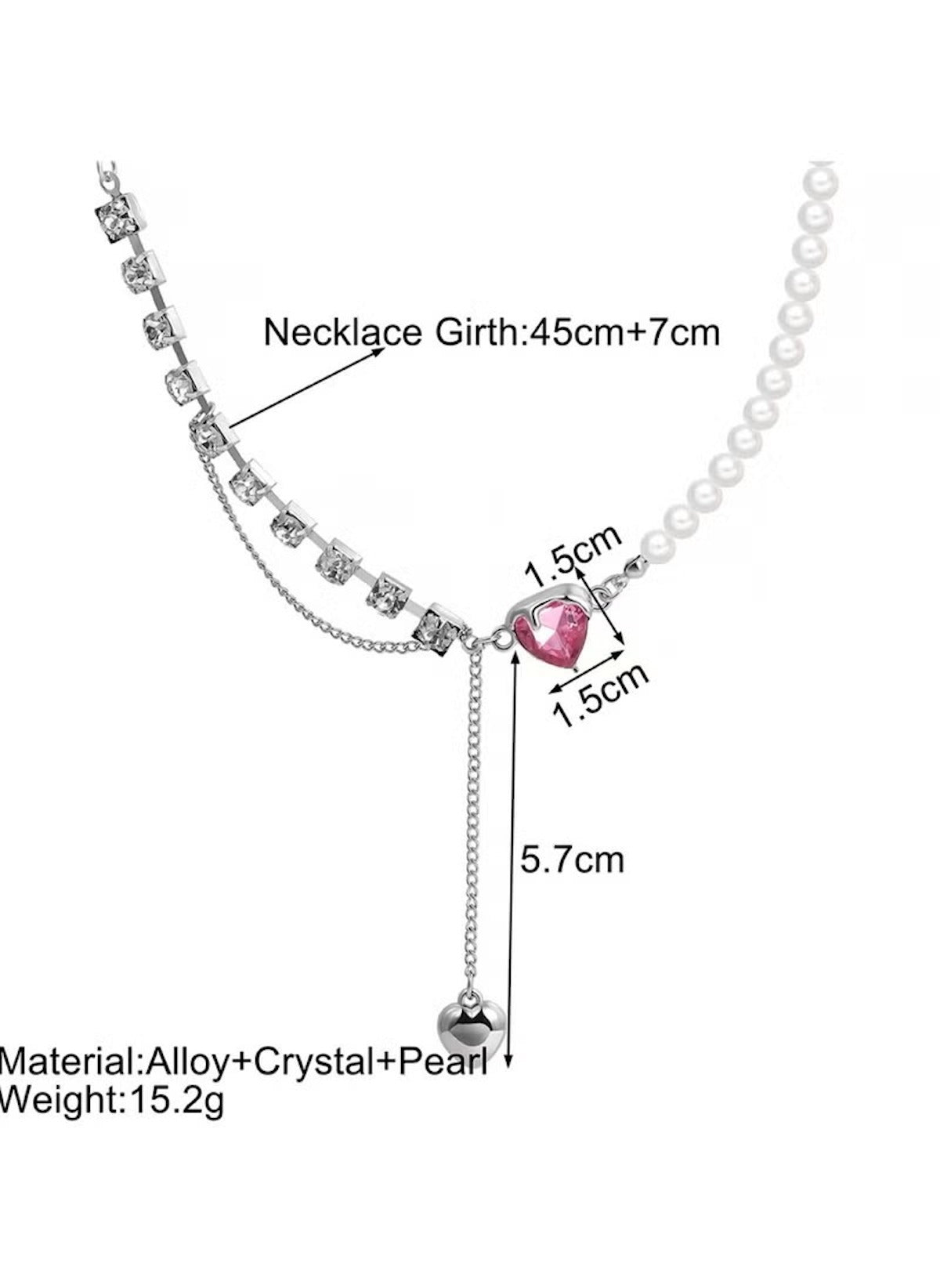 Huitich heart pendant pearl necklace with alloy, crystal, and pearl detailing measuring 45cm plus 7cm extension
