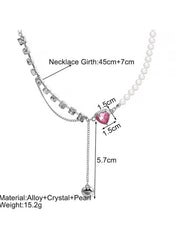 Huitich heart pendant pearl necklace with alloy, crystal, and pearl detailing measuring 45cm plus 7cm extension