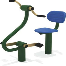 Green stationary cardio bike with blue padded seat, arm handlebars, and foot pedals