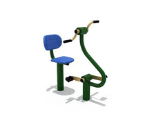 Green stationary cardio bike with blue padded seat, black arm controls, and foot pedals