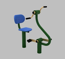 Green exercise bike with blue padded seat, two blue arm pads, and curved handlebars