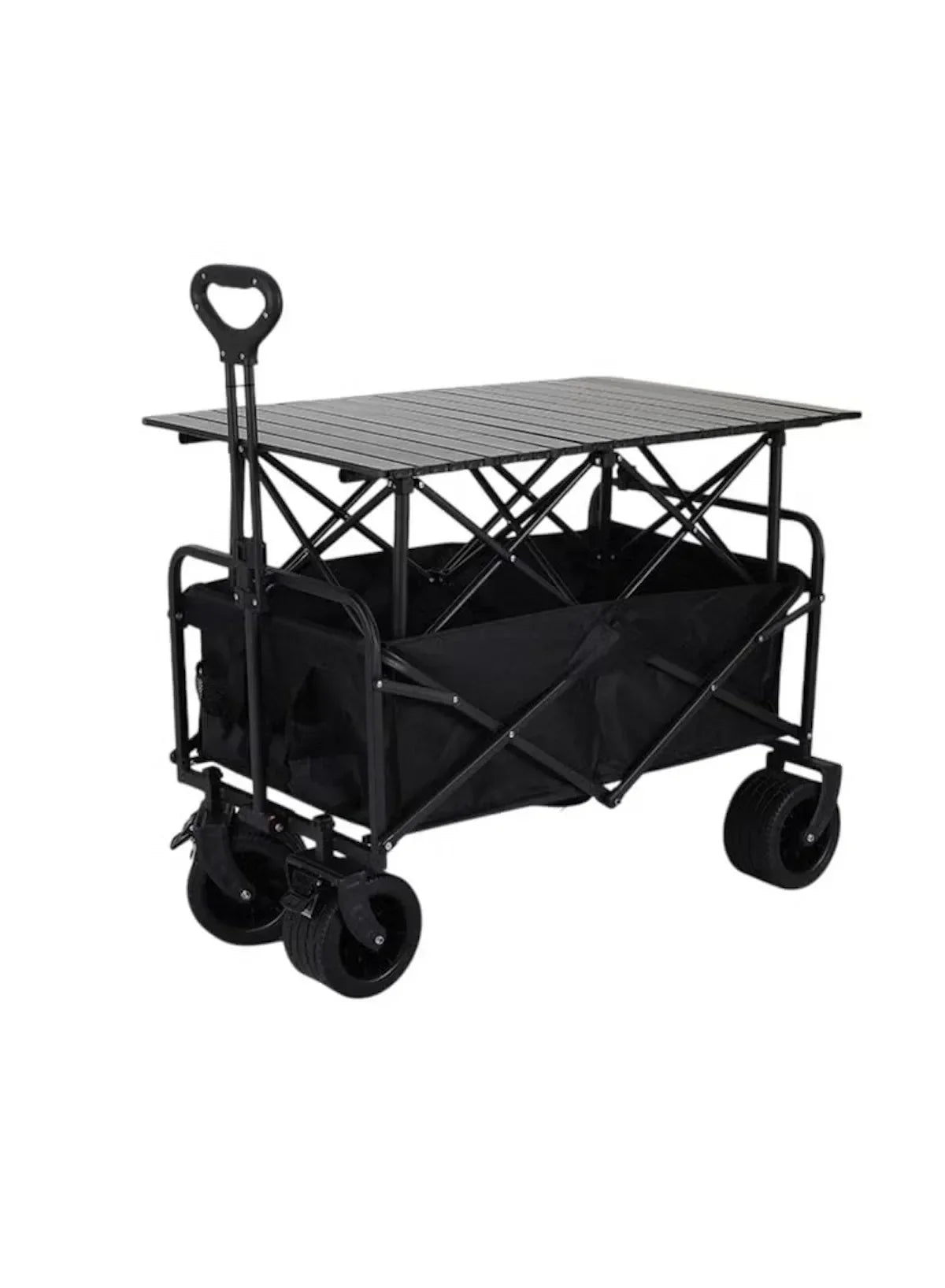 Black folding utility wagon cart with tabletop and side storage bags