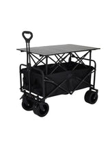 Black folding utility wagon cart with tabletop and side storage bags